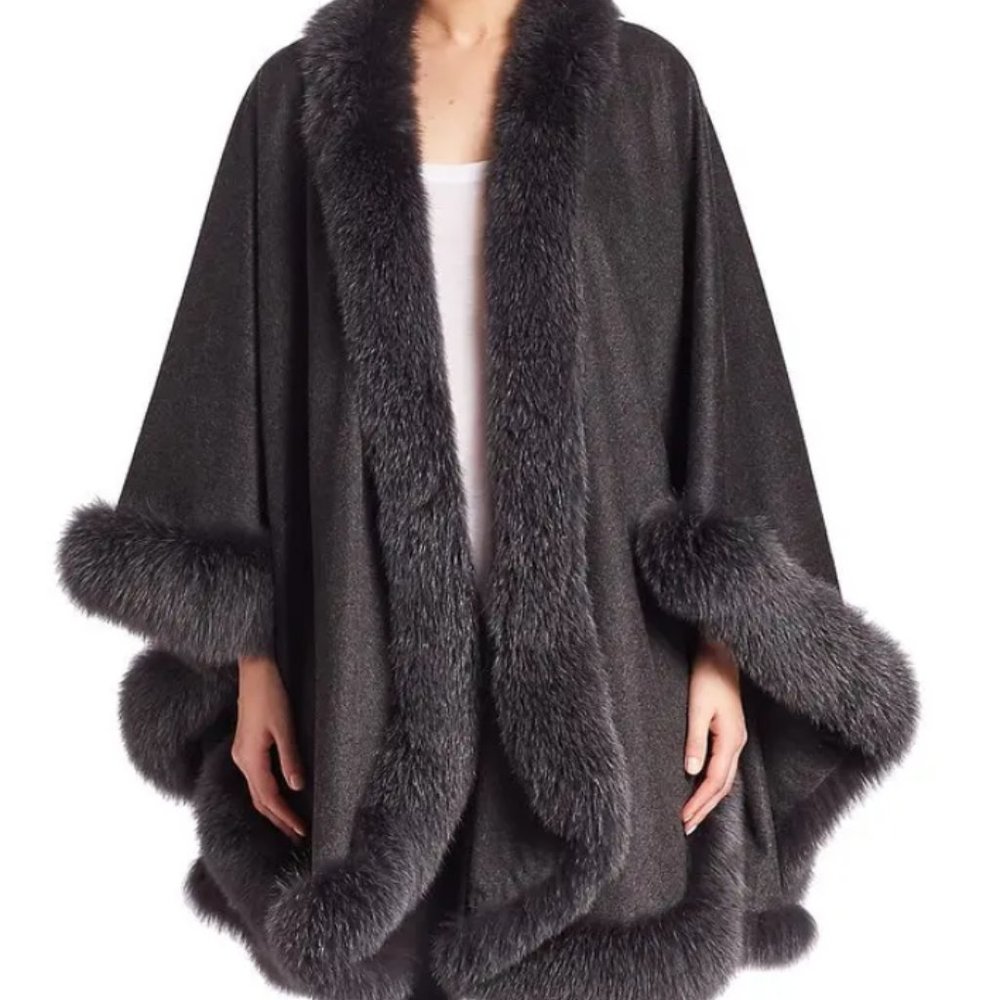 Cashmere Fox Fur U-Cape Poncho - Reversible Black / Multicolor
